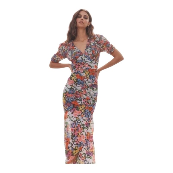 Mary Katrantzou x Lipsy Multicolour Ditsy Floral Chiffon Ruched Maxi Dress Sz 10 - Picture 4 of 17